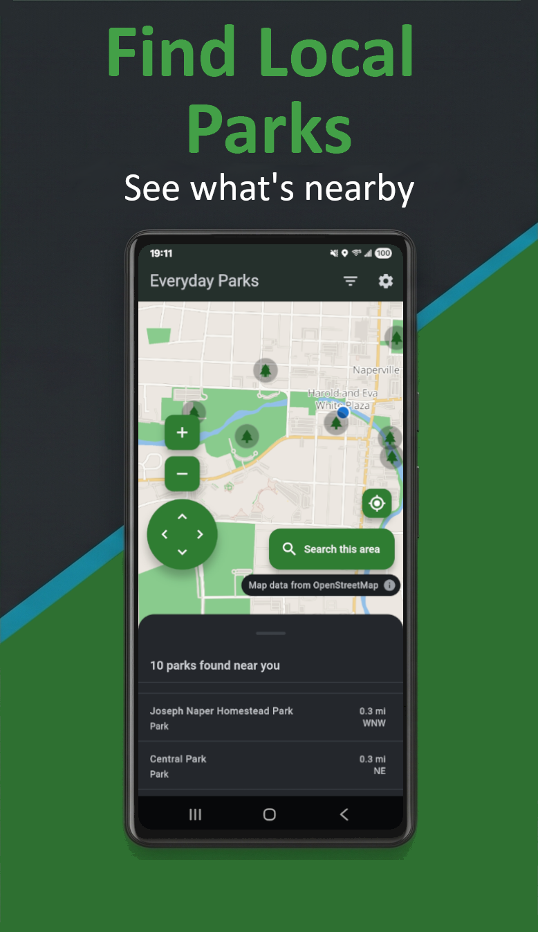 Everyday Parks app screen showing nearby parks on a map