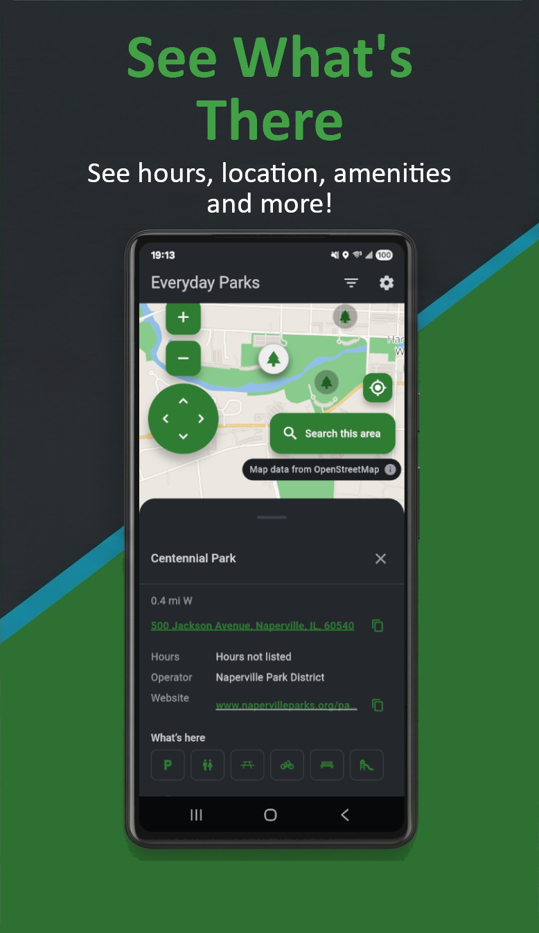 Everyday Parks app screen showing park hours, location, website, and amenities