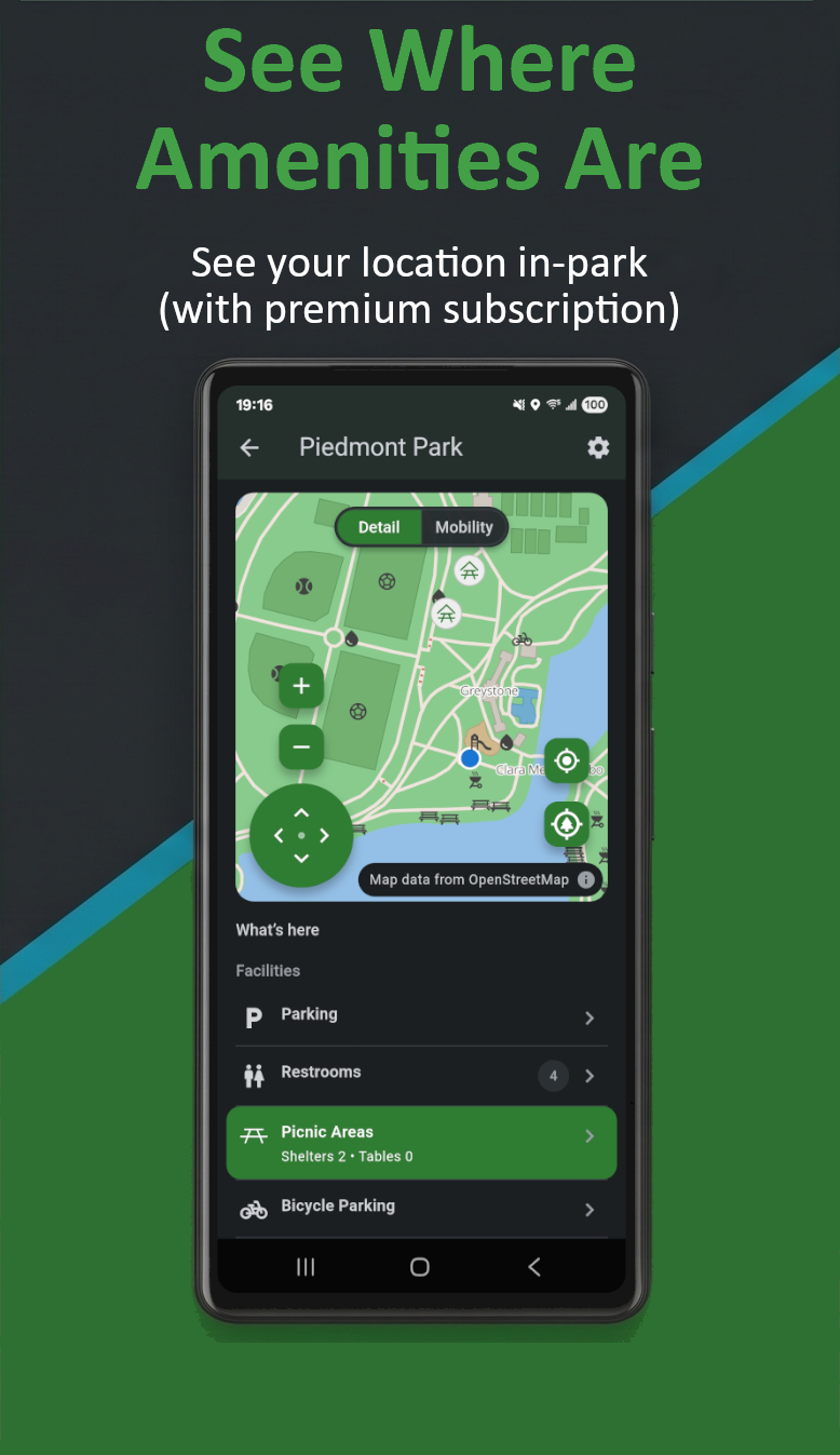 Everyday Parks app screen showing in-park amenity locations
