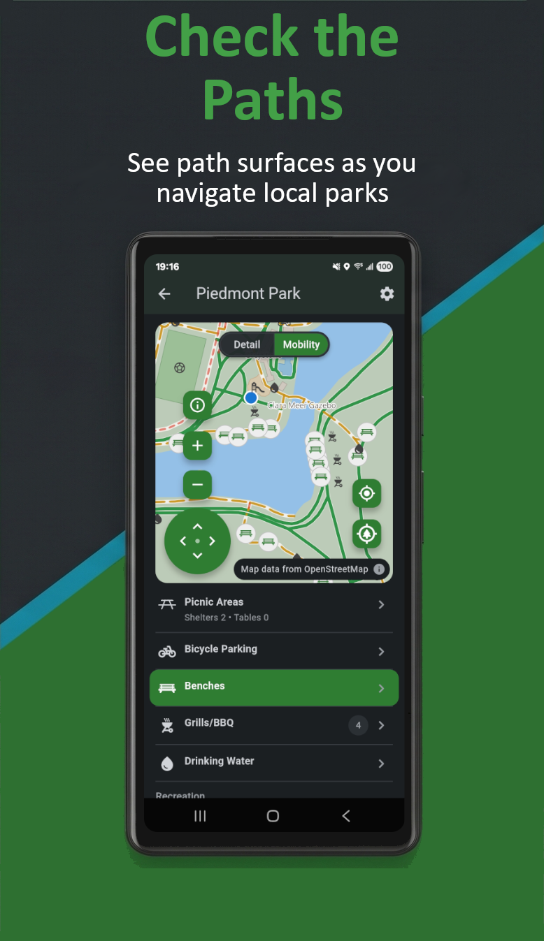 Everyday Parks app screen showing paths and path surfaces in a park
