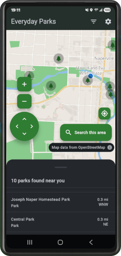 Everyday Parks app map screen showing nearby parks and search controls